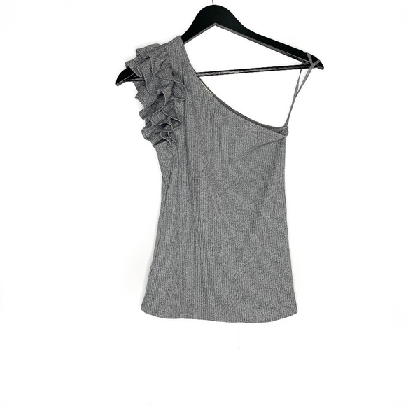 Rebecca Taylor Top Sweeter Ribbed Jersey One-Shoulder Top Gray Color - Picture 2 of 9